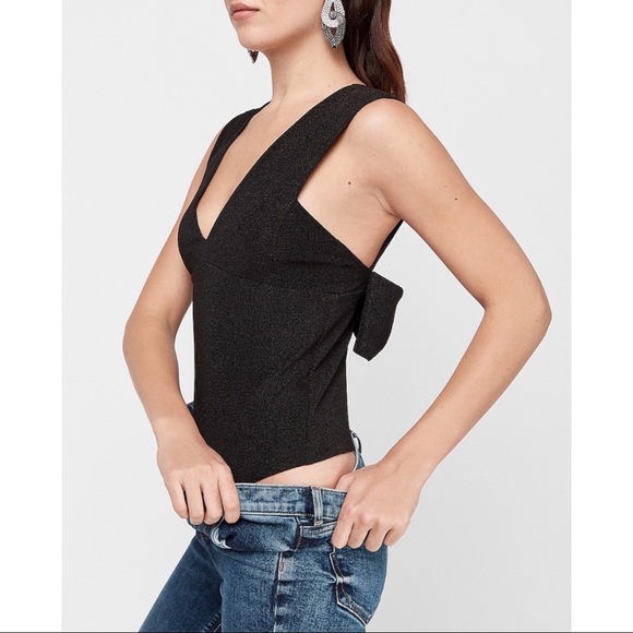 EXPRESS Ribbed Plunge Neck Bow Back Thong Bodysuit - Picture 2 of 16